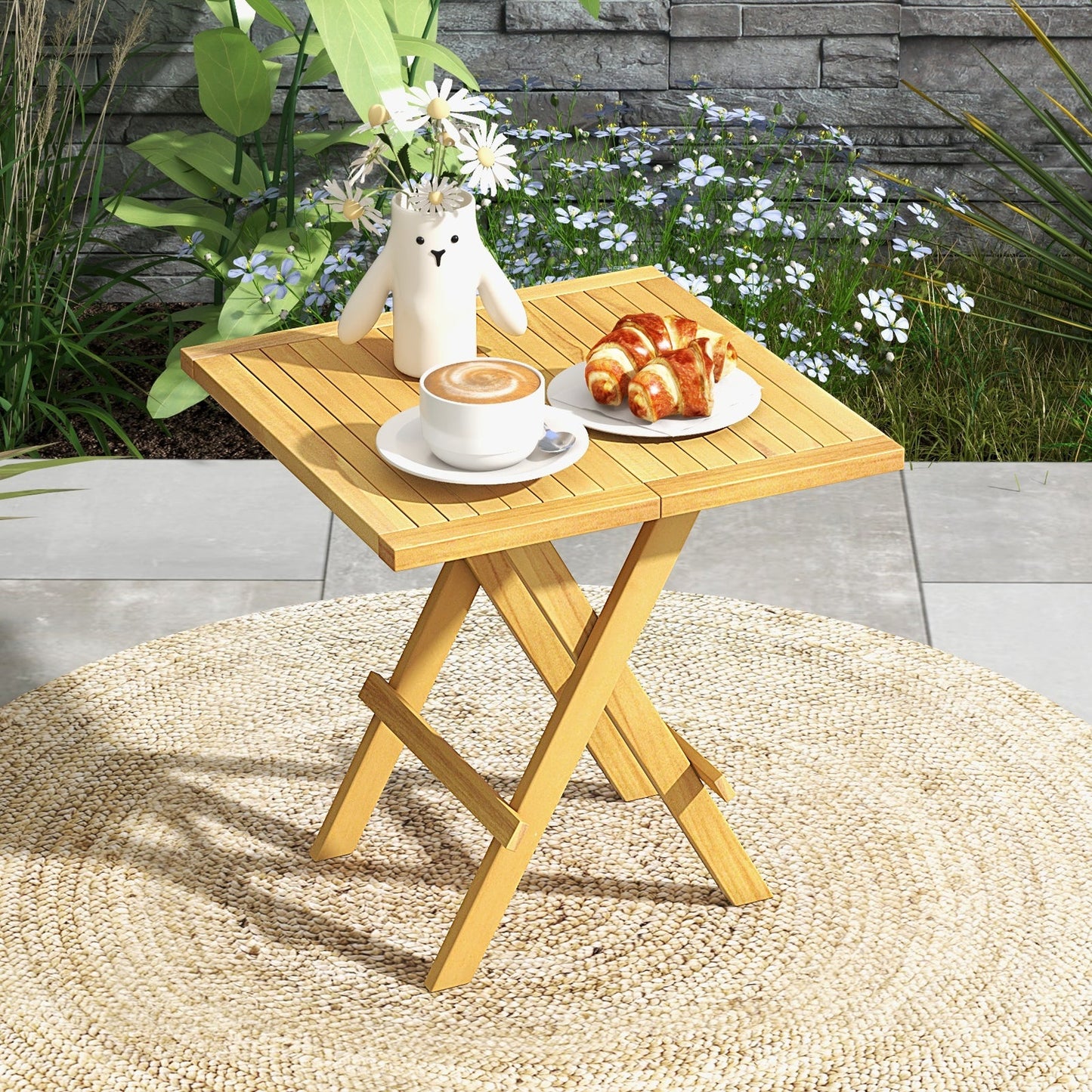 Mesa Auxiliar Plegable para Patio con Patas en X y Tablero de Listones