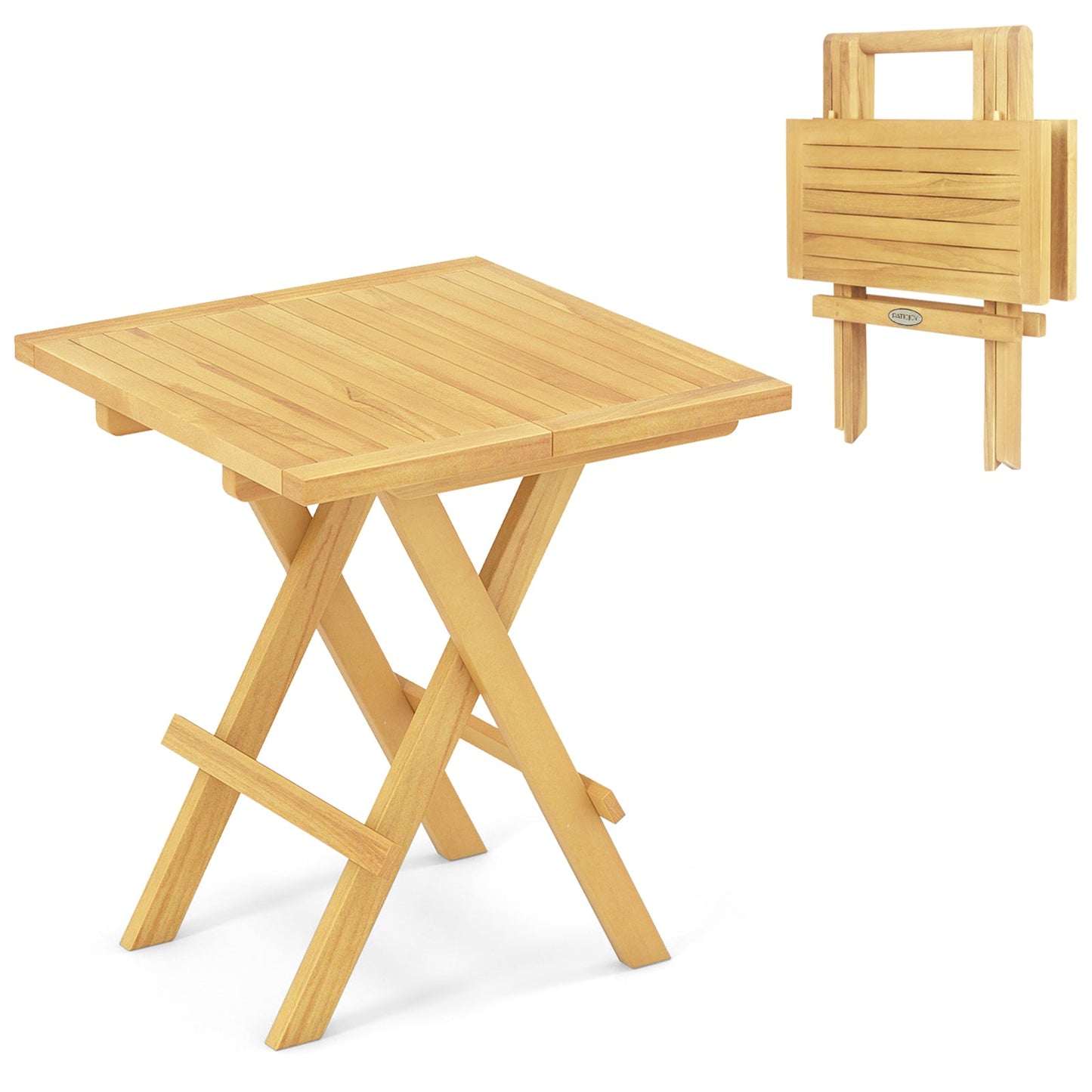 Mesa de centro cuadrada de madera de teca con patas en forma de X y tablero de listones