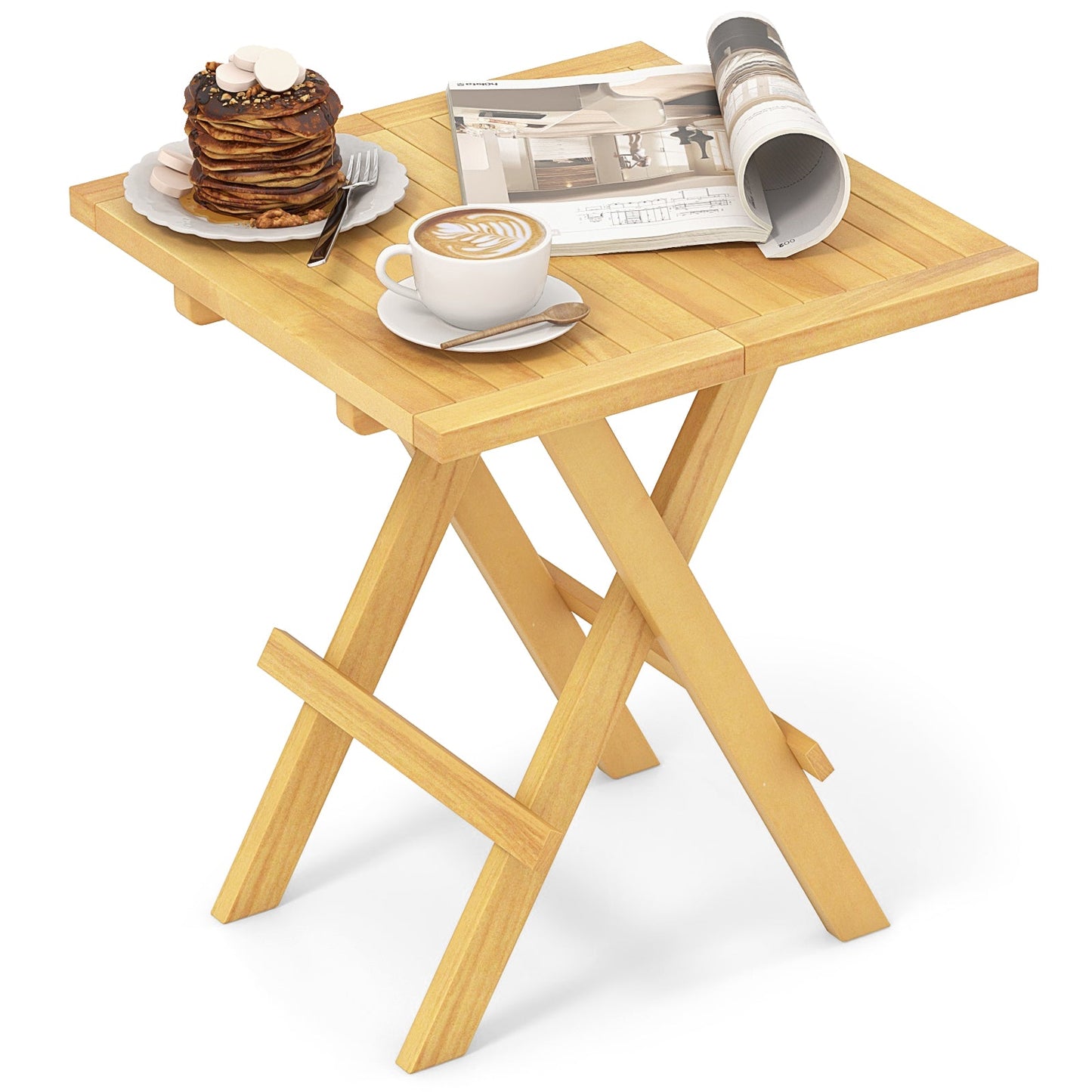 Mesa de centro cuadrada de madera de teca con patas en forma de X y tablero de listones