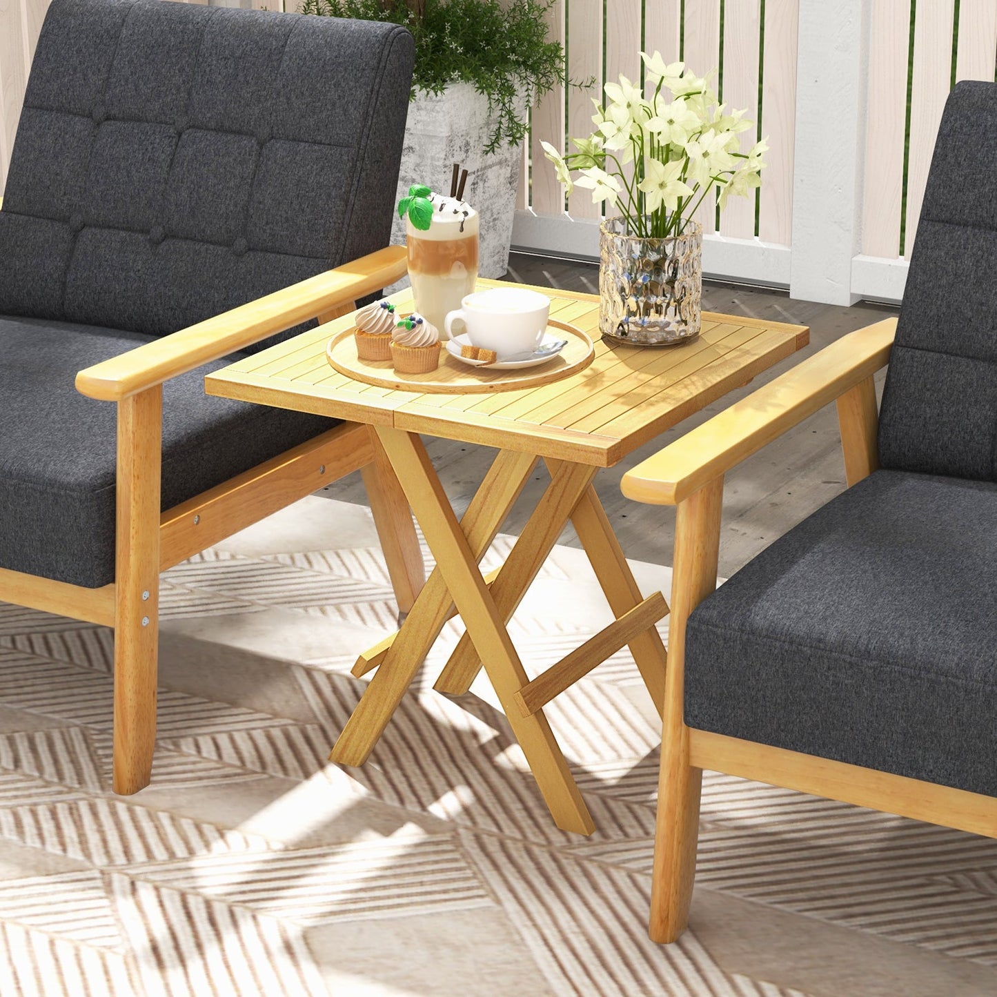 Mesa Auxiliar Plegable para Patio con Patas en X y Tablero de Listones