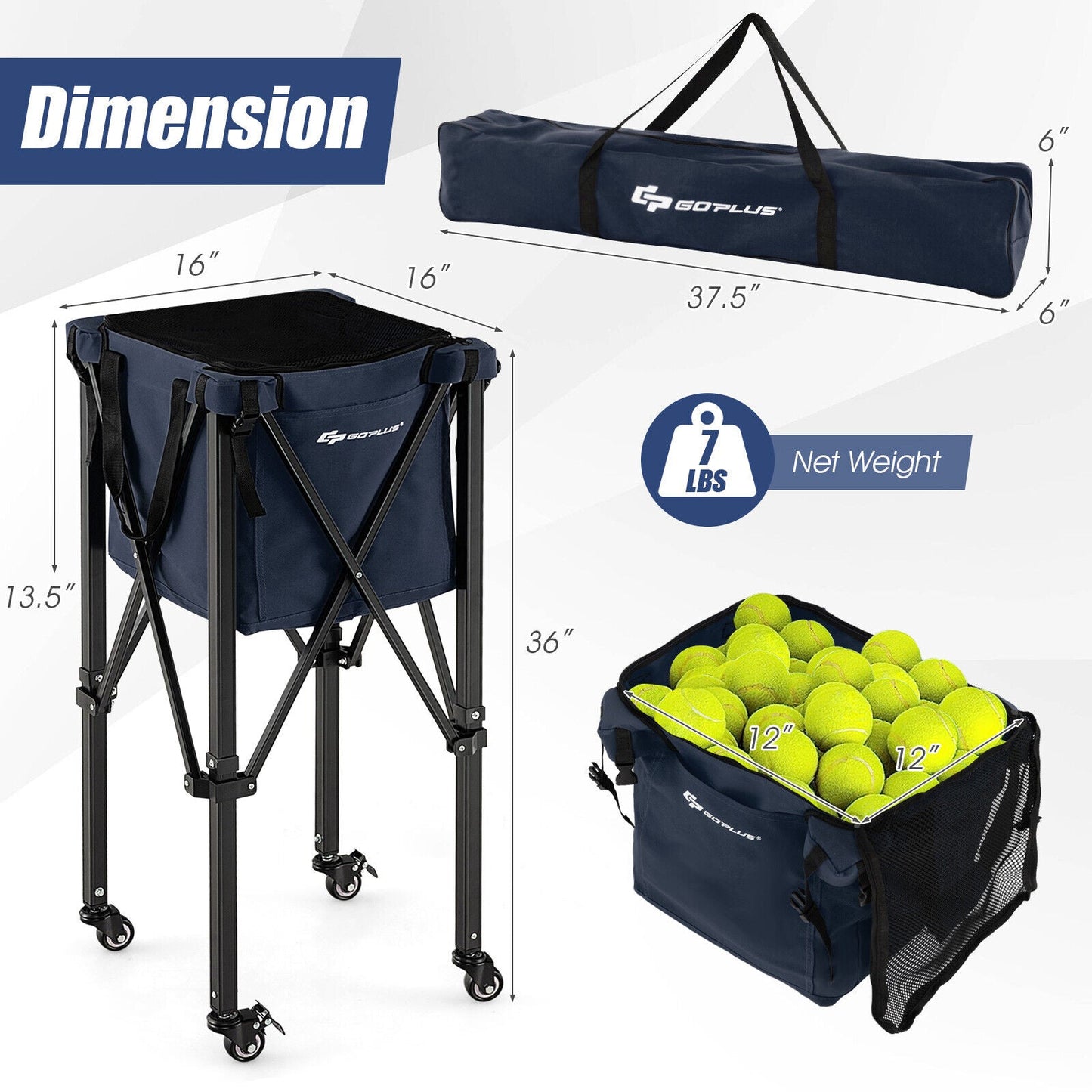 Lightweight Foldable Tennis Ball Teaching Cart with Wheels and Removable Bag