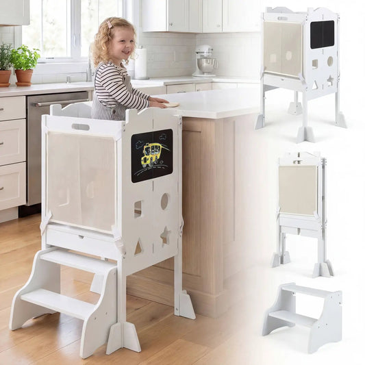 Foldable 2-step toddler stool with chalkboard panel by DirectDeals, white kitchen-friendly on Tampa Home & Garden Store