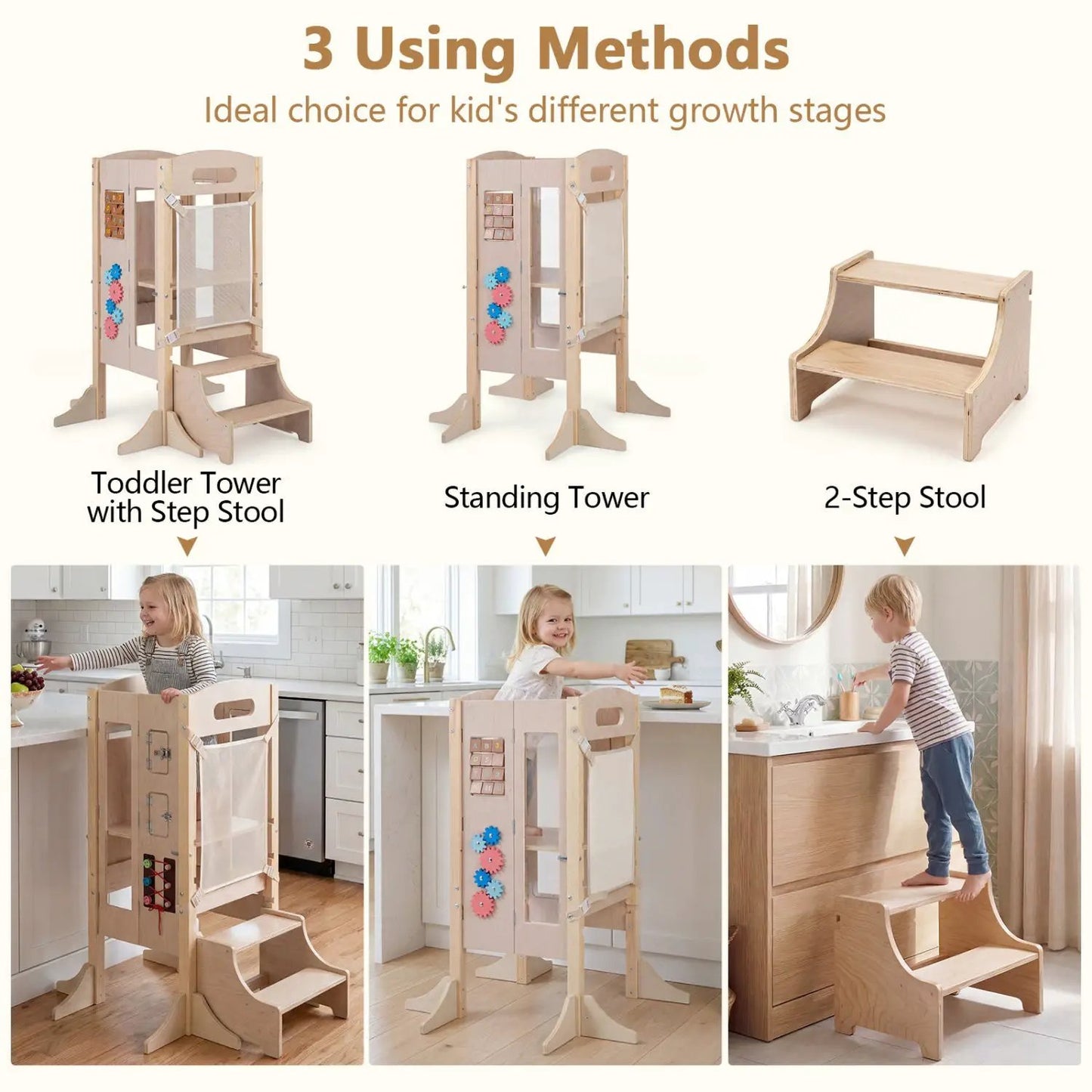Foldable Toddler Step Stool Wooden Kitchen Tower