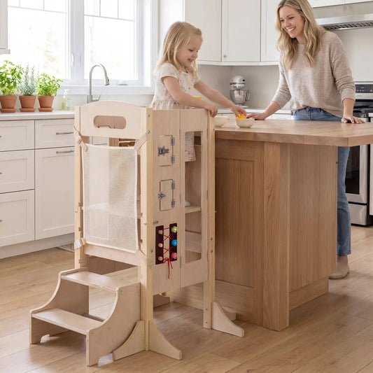 Foldable wooden toddler step stool kitchen standing tower with bead panel on Tampa Home & Garden Store