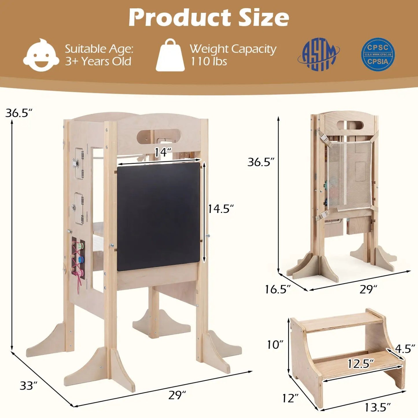 Foldable Toddler Step Stool Wooden Kitchen Tower