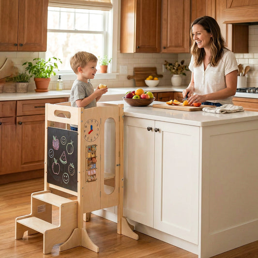 Foldable Toddler Tower with 2-Step Stool and Safety Net for 3+ Years Old - Tampa Home & Garden Store