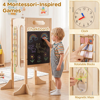 Foldable Toddler Tower with 2-Step Stool and Safety Net for 3+ Years Old