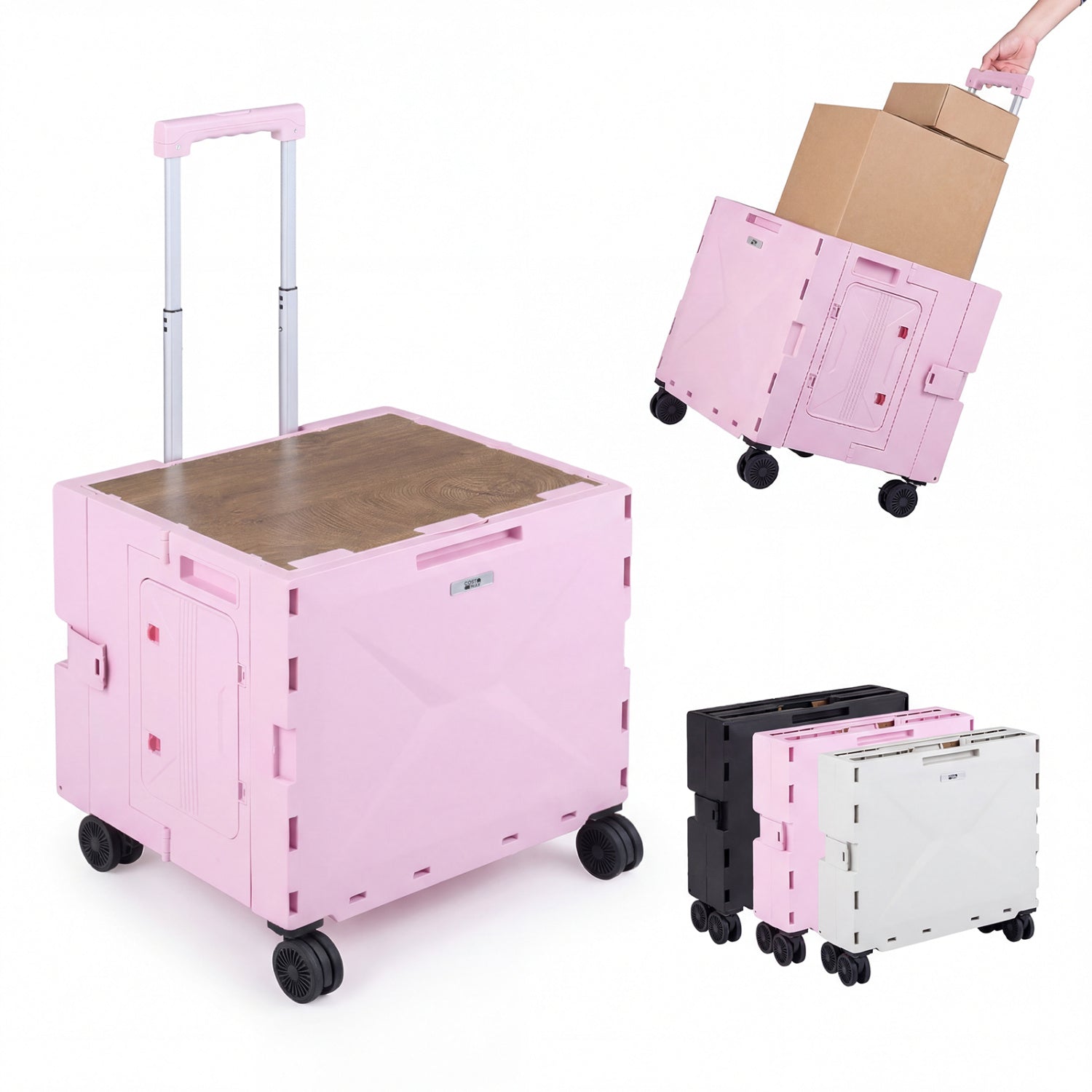 GemGear Foldable Utility Cart pink with 4 swivel wheels and cup holder, wooden top on Tampa Home & Garden Store