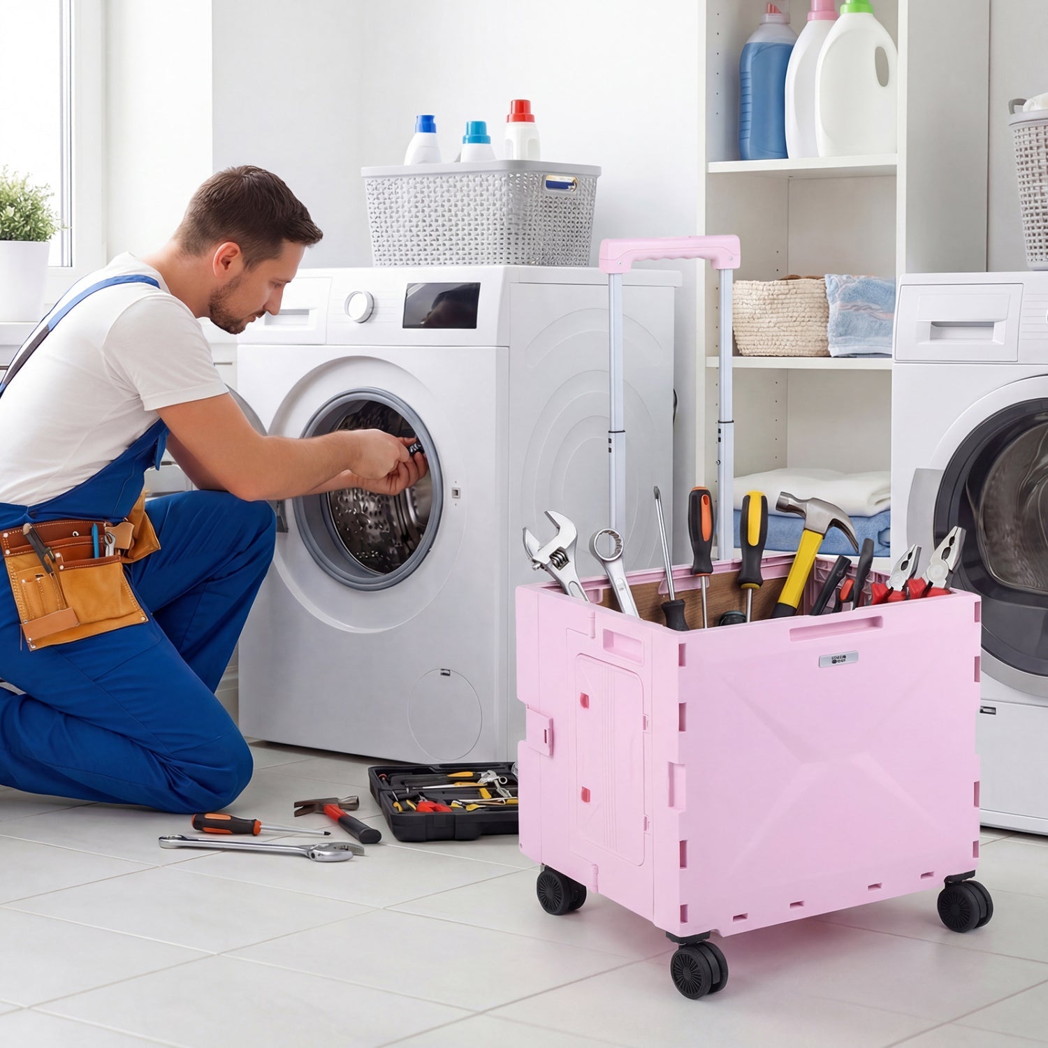 Foldable Utility Cart GemGear, pink with 4 rotating wheels and cup holder, tool-filled on Tampa Home & Garden Store