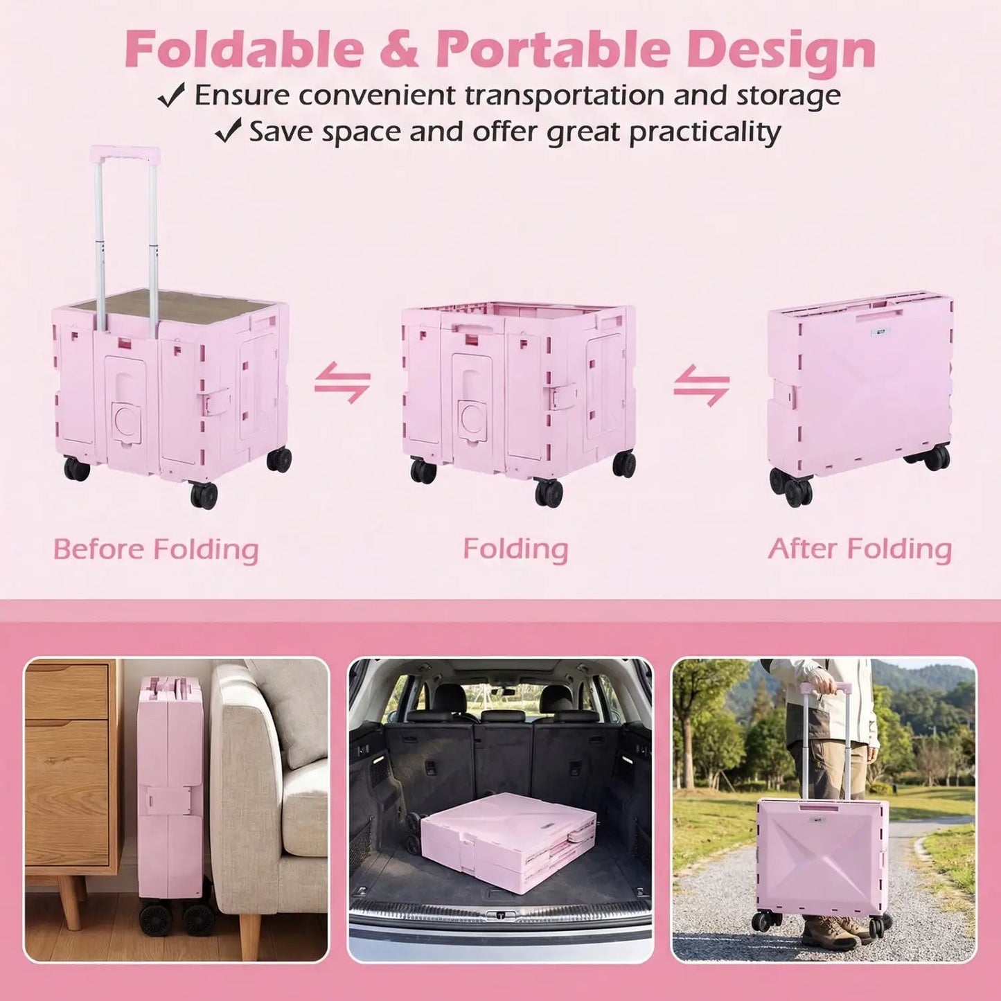 Foldable Utility Cart with Cup Holder and Wheels