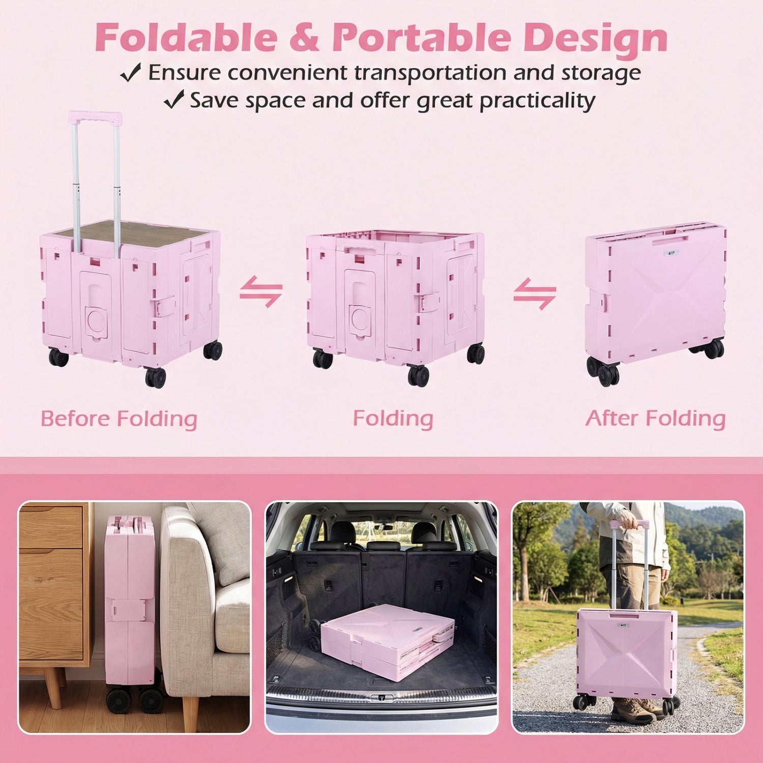 Foldable utility cart GemGear pink with four rotating wheels and cup holder on Tampa Home & Garden Store
