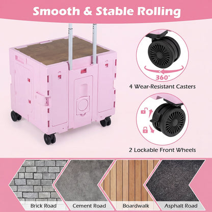 GemGear pink Foldable Utility Cart with wood top and 4 rotating wheels and cup holder on Tampa Home & Garden Store