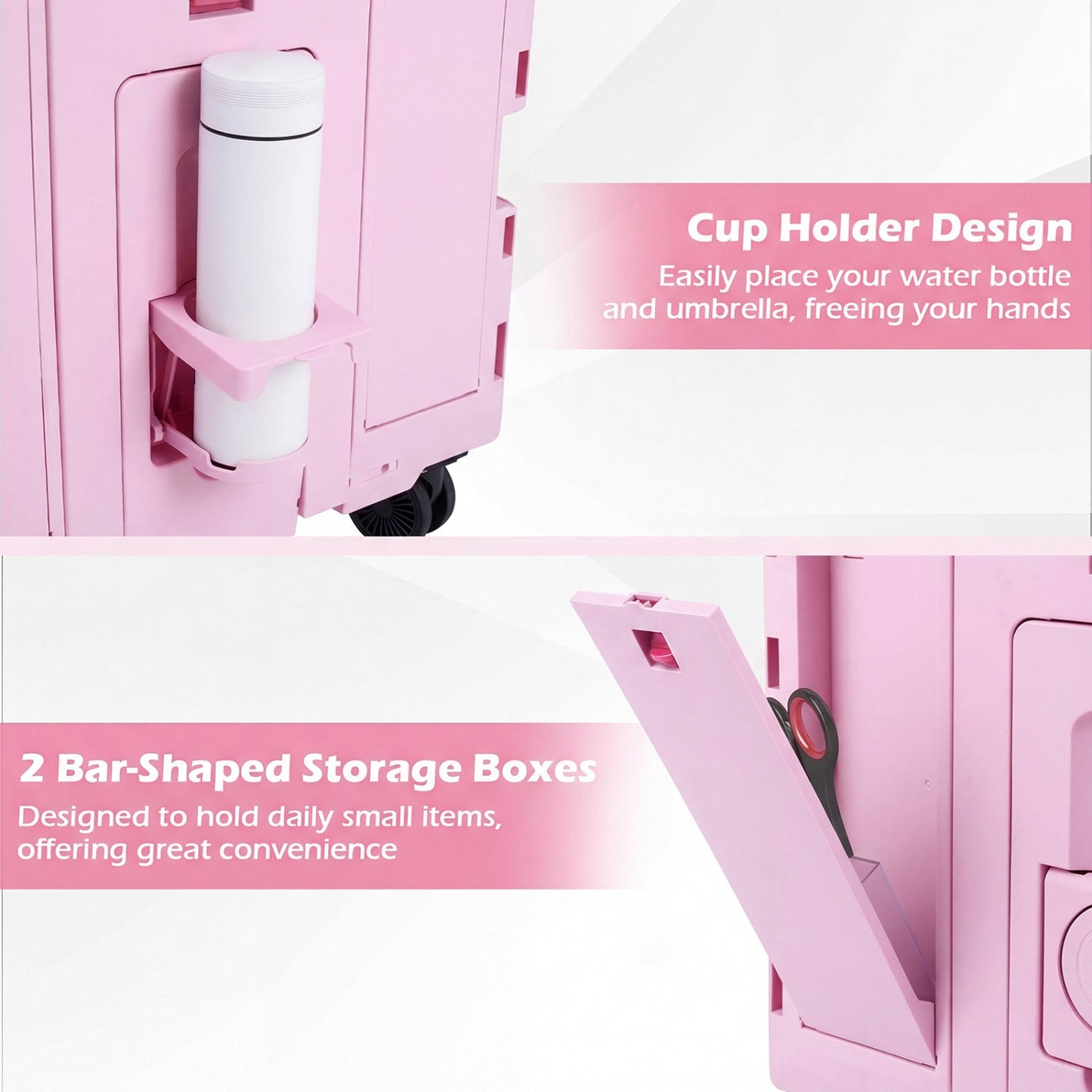 Foldable GemGear pink utility cart with cup holder and white water bottle, four swivel wheels on Tampa Home & Garden Store