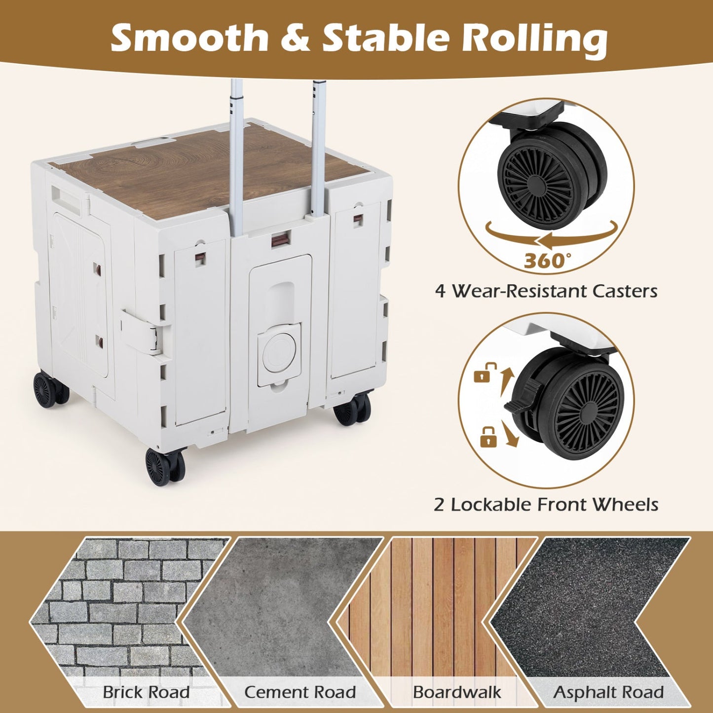 GemGear Foldable Utility Cart with wood top and white body on 4 rotating casters on Tampa Home & Garden Store