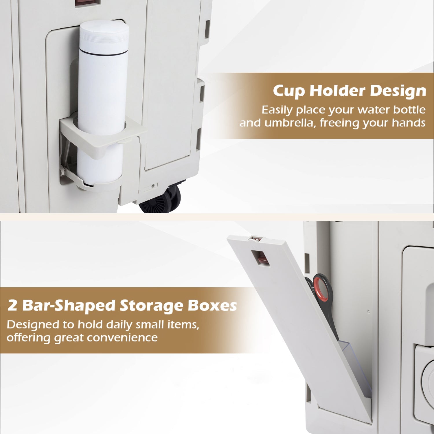 GemGear Foldable Utility Cart with 4 swivel wheels and cup holder, beige with bottle holder on Tampa Home & Garden Store
