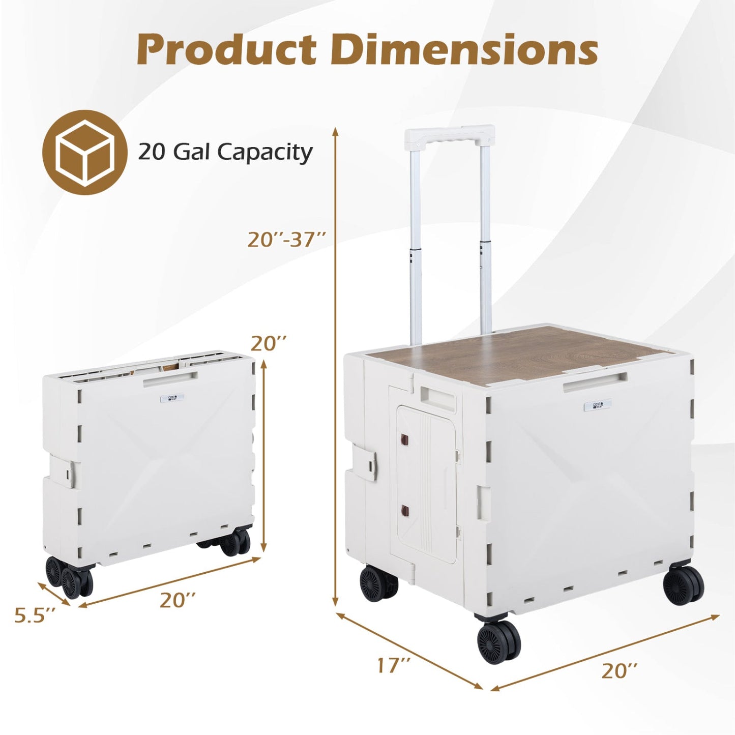 GemGear Foldable Utility Cart on 4 wheels with cup holder, wood top, 20 gal capacity 2-view on Tampa Home & Garden Store