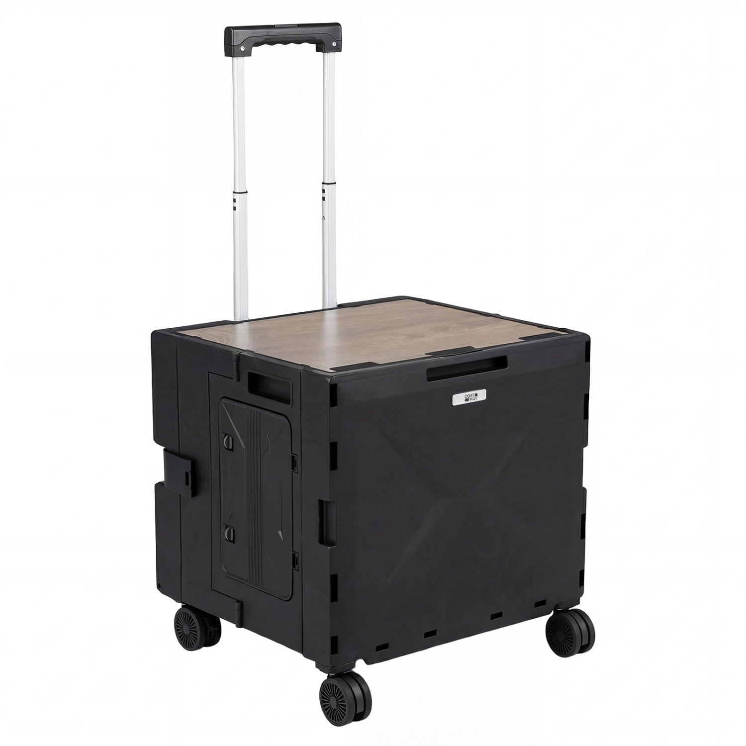 GemGear Foldable Utility Cart on four wheels with telescoping handle and wood top black on Tampa Home & Garden Store