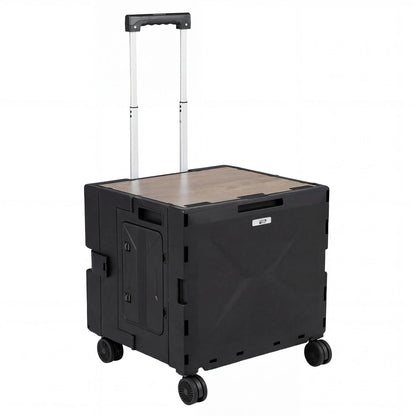 GemGear Foldable Utility Cart on four wheels with telescoping handle and wood top black on Tampa Home & Garden Store