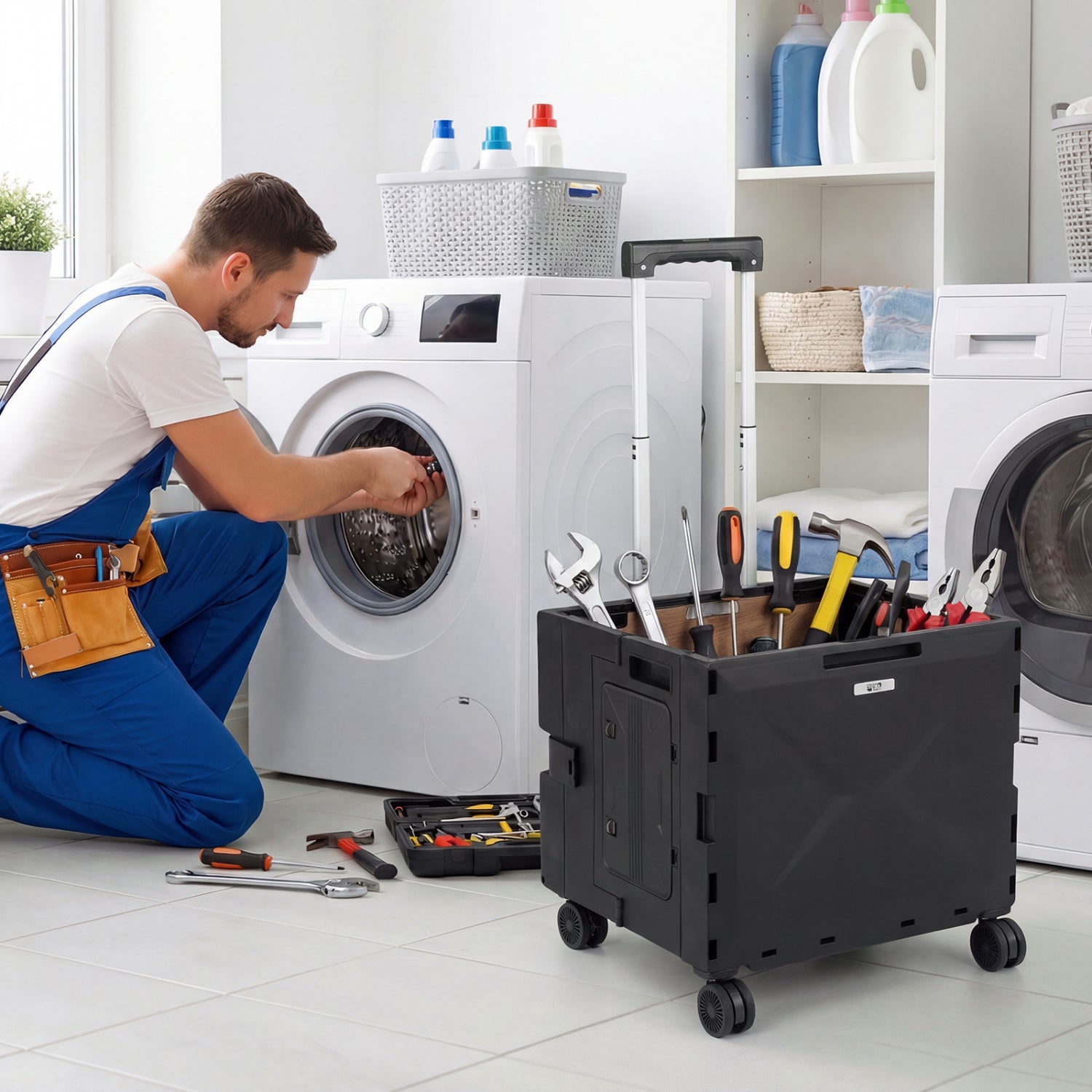 Foldable GemGear Utility Cart black with 4 rotating wheels and cup holder in laundry room on Tampa Home & Garden Store