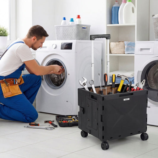 Foldable GemGear Utility Cart black with 4 rotating wheels and cup holder in laundry room on Tampa Home & Garden Store