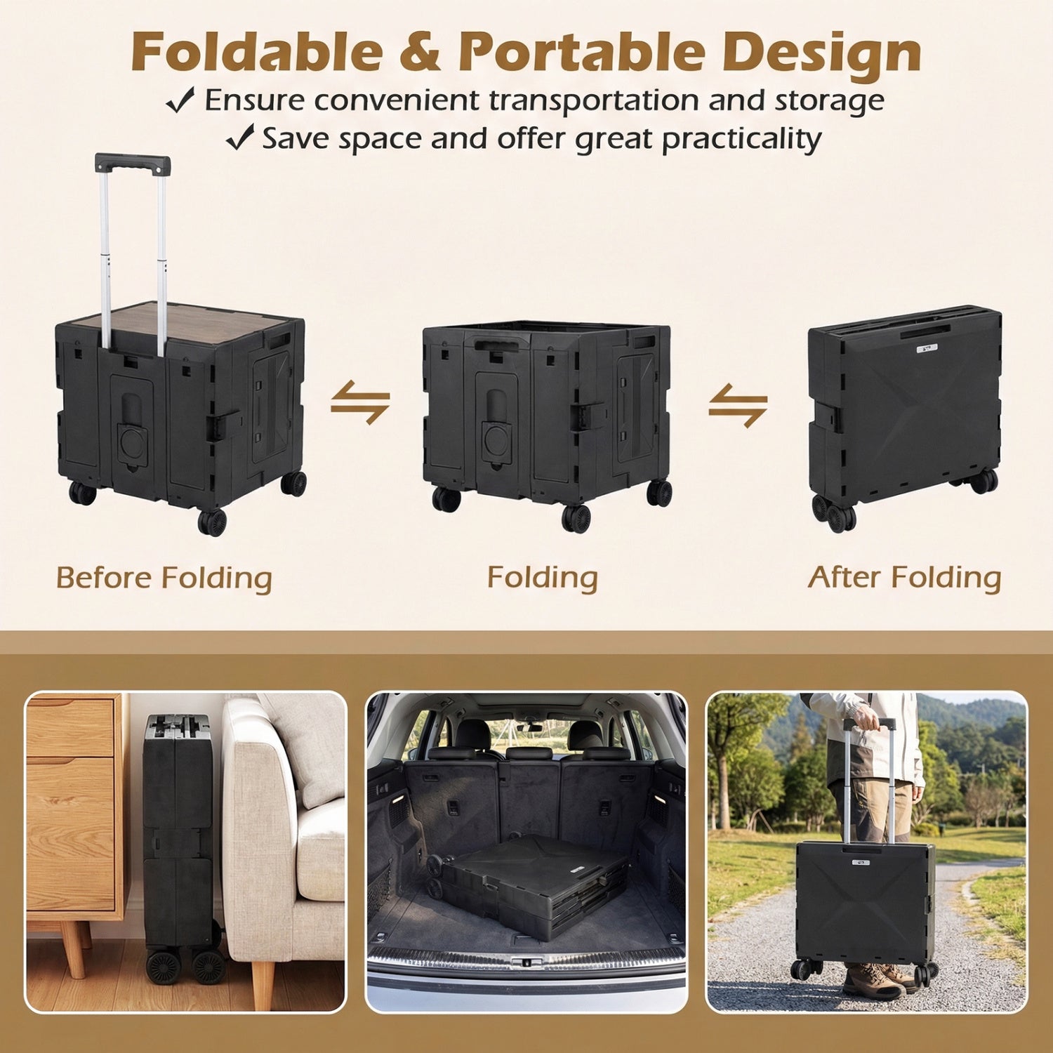 GemGear Foldable Utility Cart with 4 rotating wheels, cup holder, black plastic on Tampa Home & Garden Store