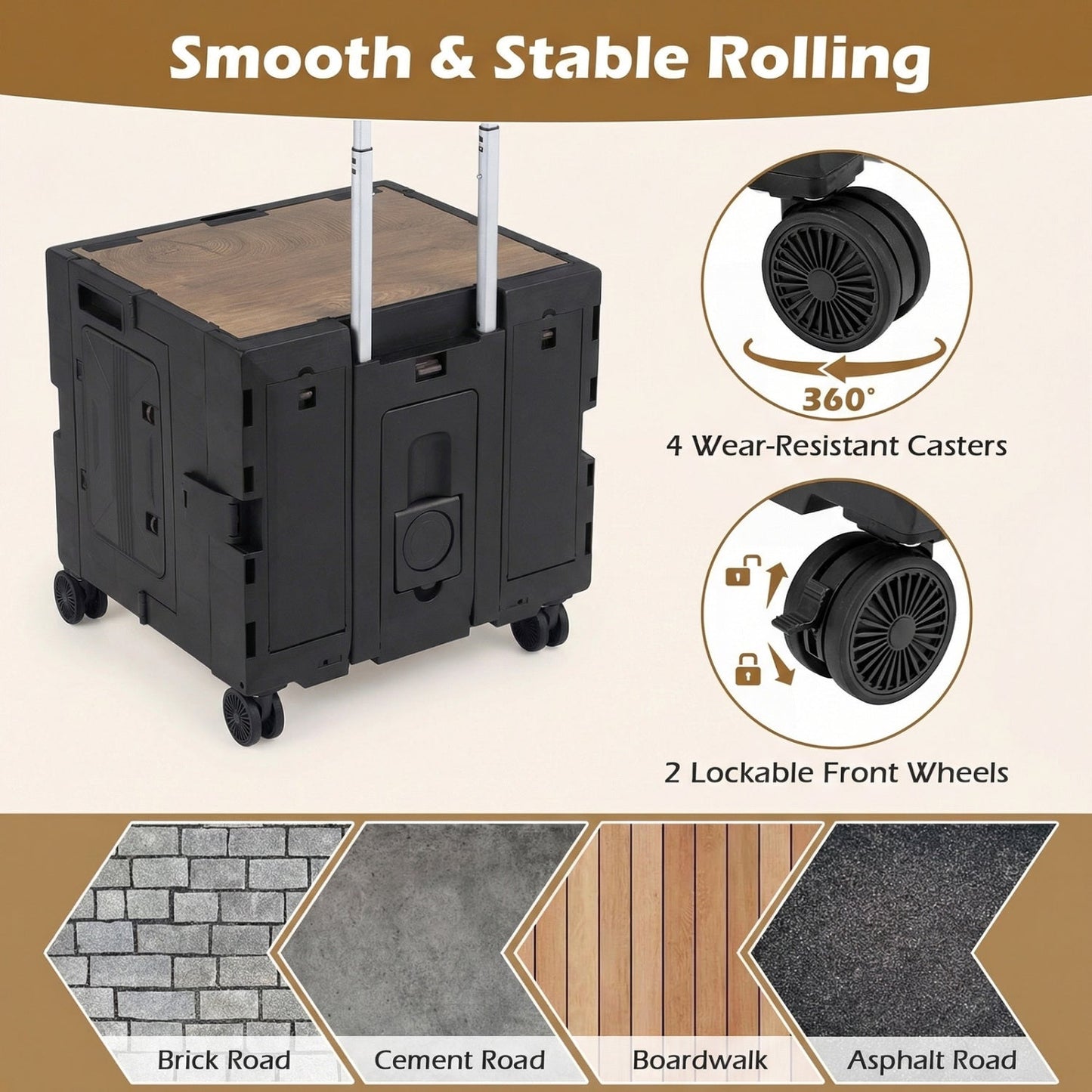 GemGear Foldable Utility Cart with 4 rotating wheels, wood top, and cup holder on Tampa Home & Garden Store