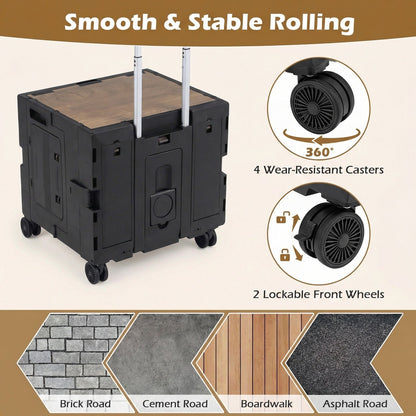 GemGear Foldable Utility Cart with 4 rotating wheels, wood top, and cup holder on Tampa Home & Garden Store