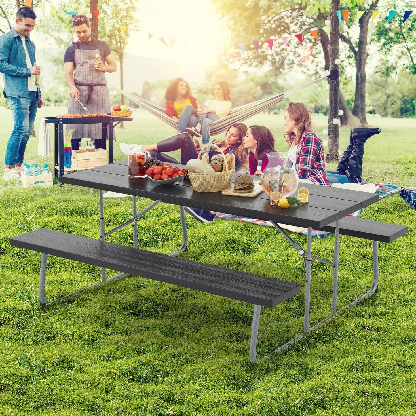Folding Picnic Table Set with Metal Frame and All-Weather HDPE Tabletop  Umbrella Hole-Black - Tampa Home & Garden Store