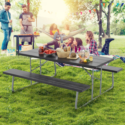 Folding Picnic Table Set with Metal Frame and All-Weather HDPE Tabletop  Umbrella Hole-Black - Tampa Home & Garden Store