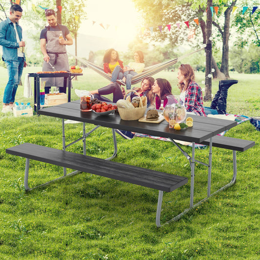 Folding Picnic Table Set with Metal Frame and All-Weather HDPE Tabletop  Umbrella Hole-Black - Tampa Home & Garden Store