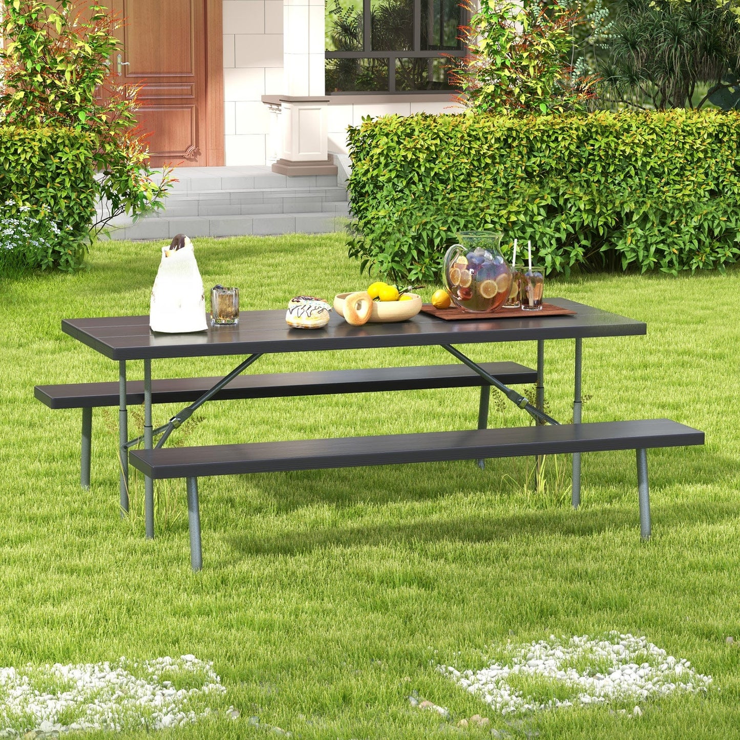 Folding Picnic Table Set with Metal Frame and All-Weather HDPE Tabletop  Umbrella Hole-Black - Tampa Home & Garden Store