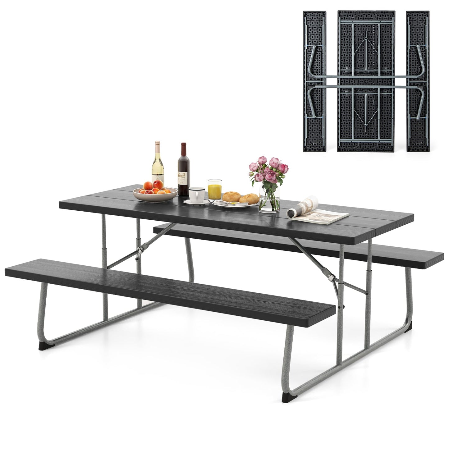 Folding Picnic Table Set with Metal Frame and All-Weather HDPE Tabletop  Umbrella Hole-Black - Tampa Home & Garden Store