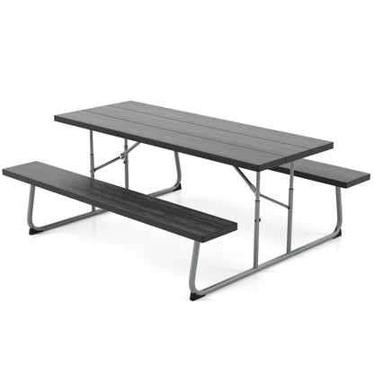 Folding Picnic Table Set with Metal Frame and All-Weather HDPE Tabletop  Umbrella Hole-Black - Tampa Home & Garden Store