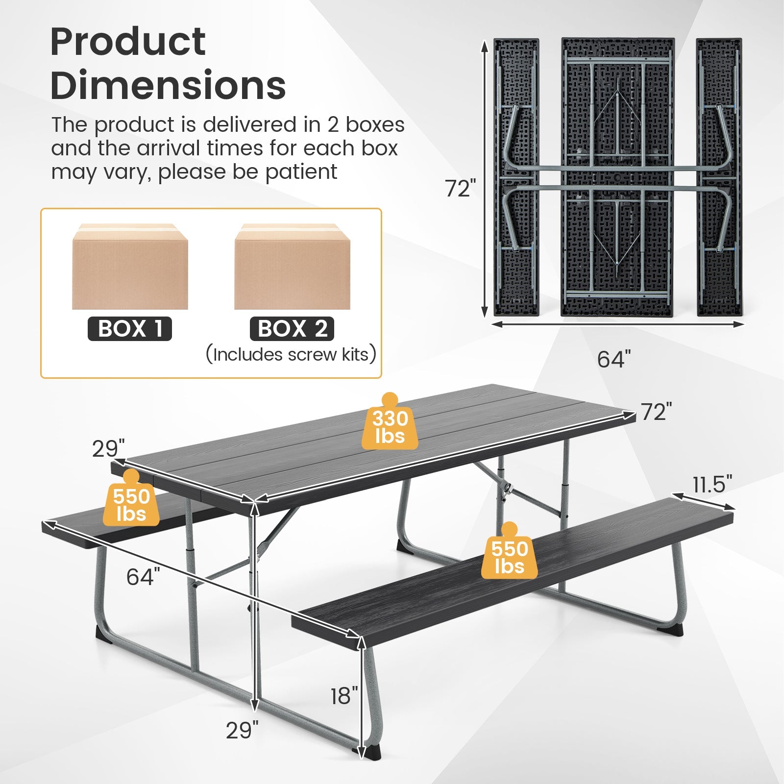 Folding Picnic Table Set with Metal Frame and All-Weather HDPE Tabletop  Umbrella Hole-Black - Tampa Home & Garden Store