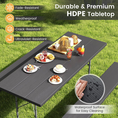 Folding Picnic Table Set with Metal Frame and All-Weather HDPE Tabletop  Umbrella Hole-Black - Tampa Home & Garden Store