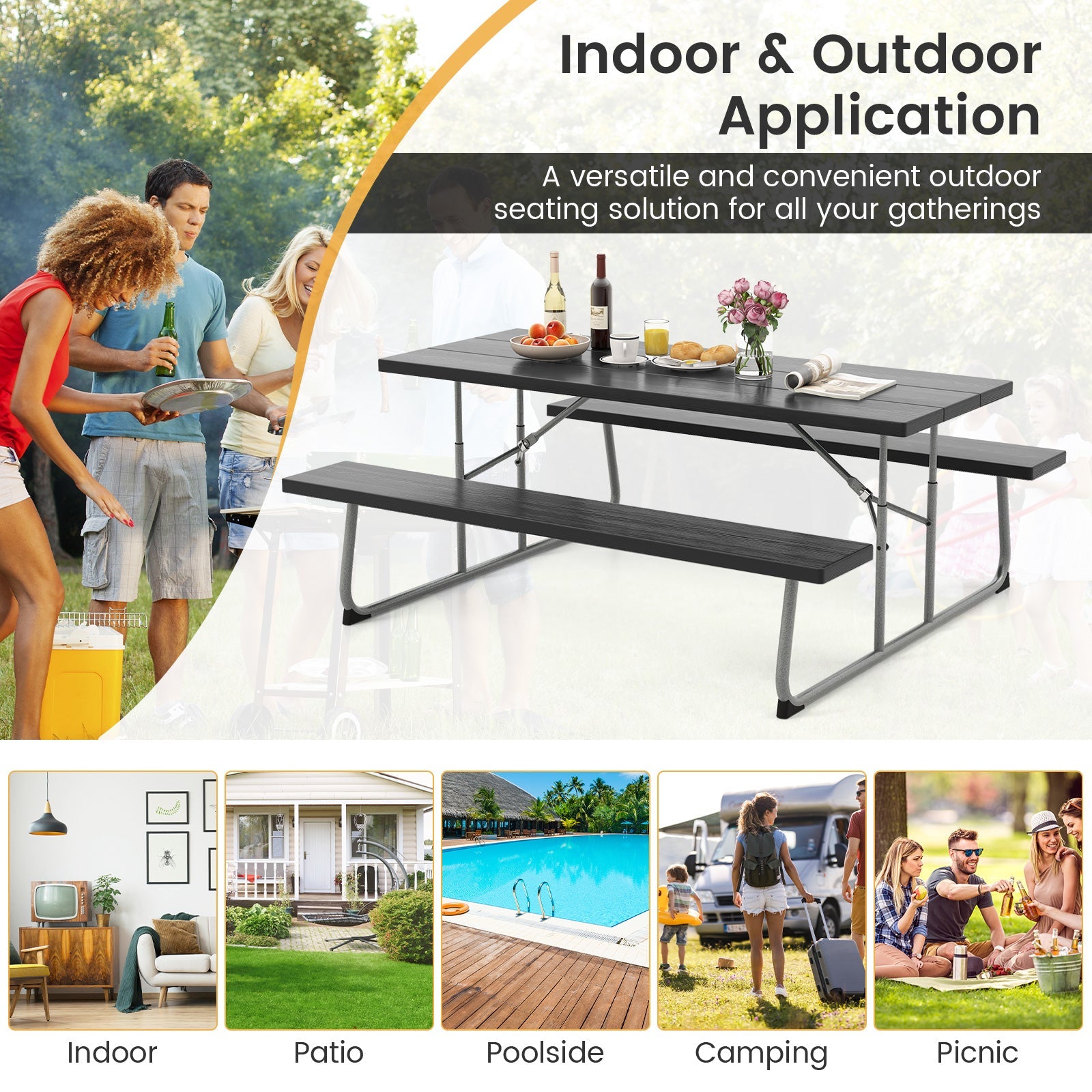 Folding Picnic Table Set with Metal Frame and All-Weather HDPE Tabletop  Umbrella Hole-Black - Tampa Home & Garden Store