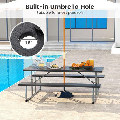 Folding Picnic Table Set with Metal Frame and All-Weather HDPE Tabletop  Umbrella Hole-Black - Tampa Home & Garden Store