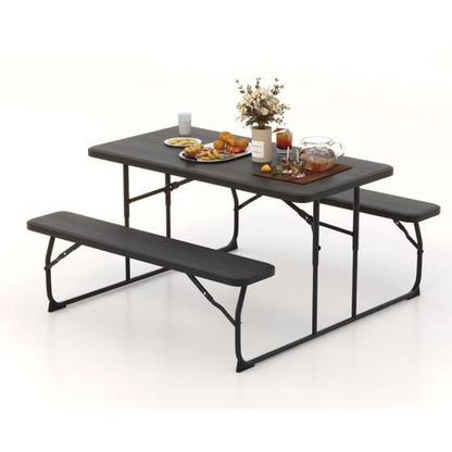 Folding Picnic Table with 2 Benches Outdoor Patio Dining Set in Black - Tampa Home & Garden Store