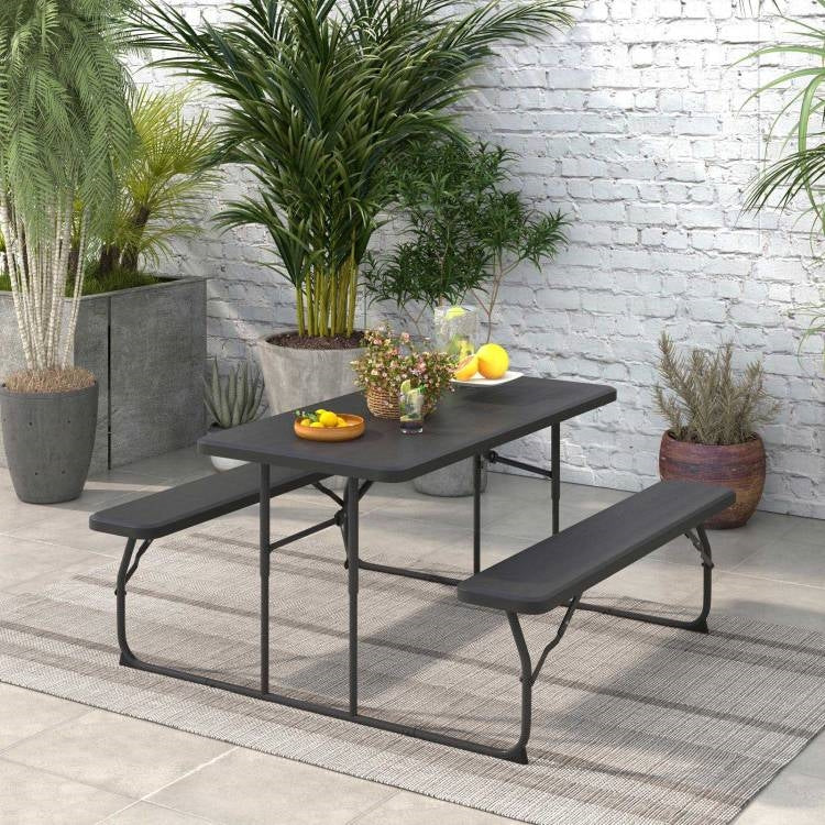 Folding Picnic Table with 2 Benches Outdoor Patio Dining Set in Black - Tampa Home & Garden Store