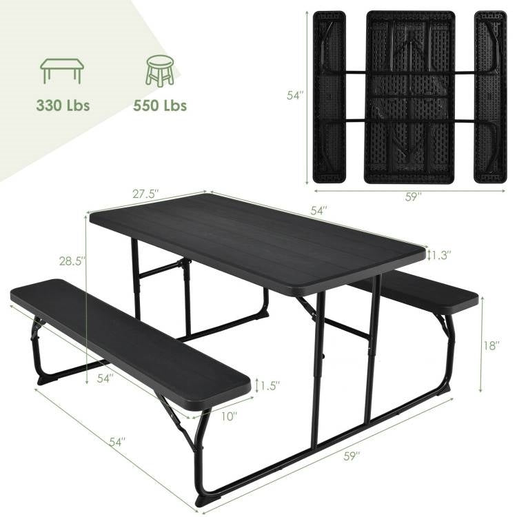 Folding Picnic Table with 2 Benches Outdoor Patio Dining Set in Black - Tampa Home & Garden Store