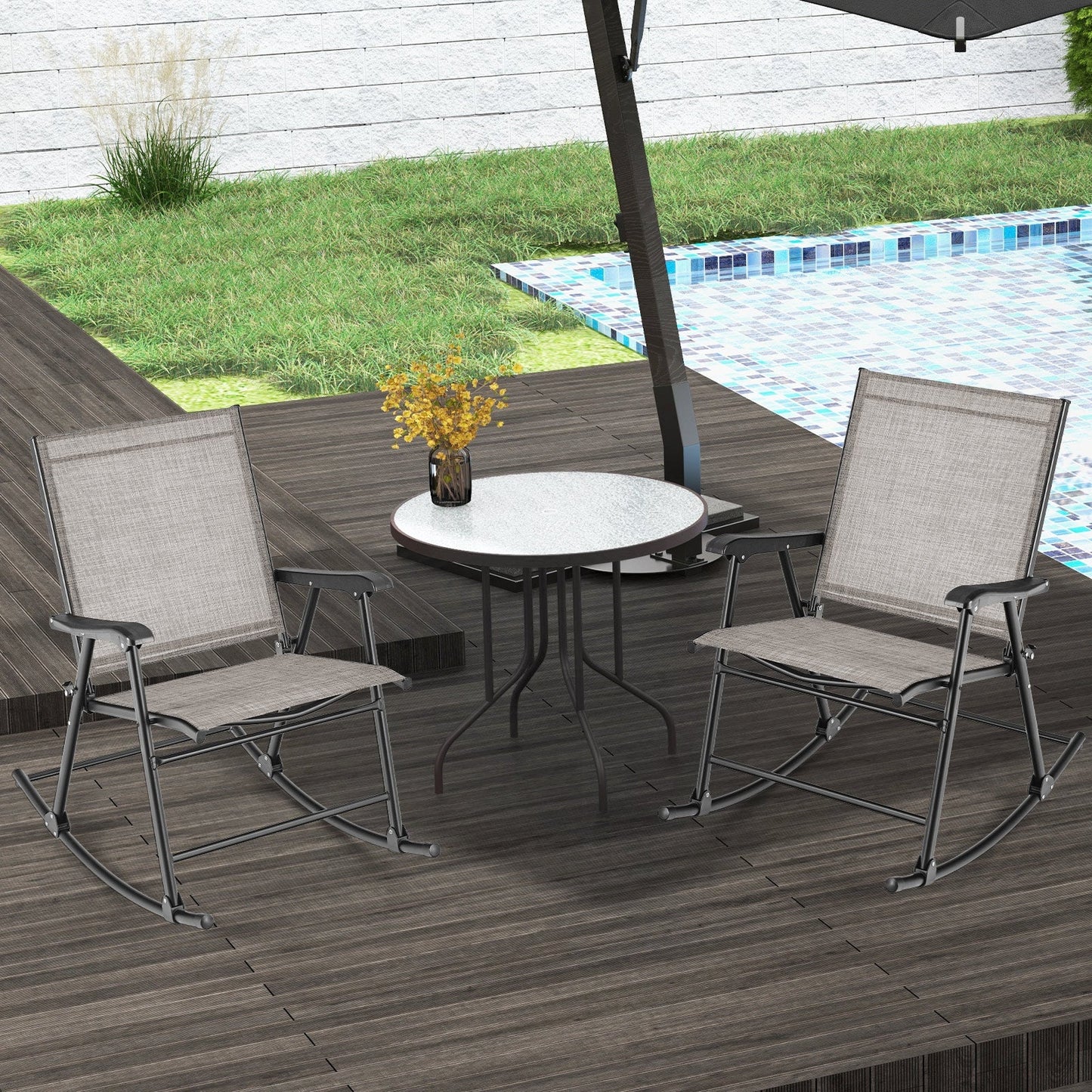 Folding Rocking Chair with Breathable Seat Fabric Set of 2-Brown - Tampa Home & Garden Store