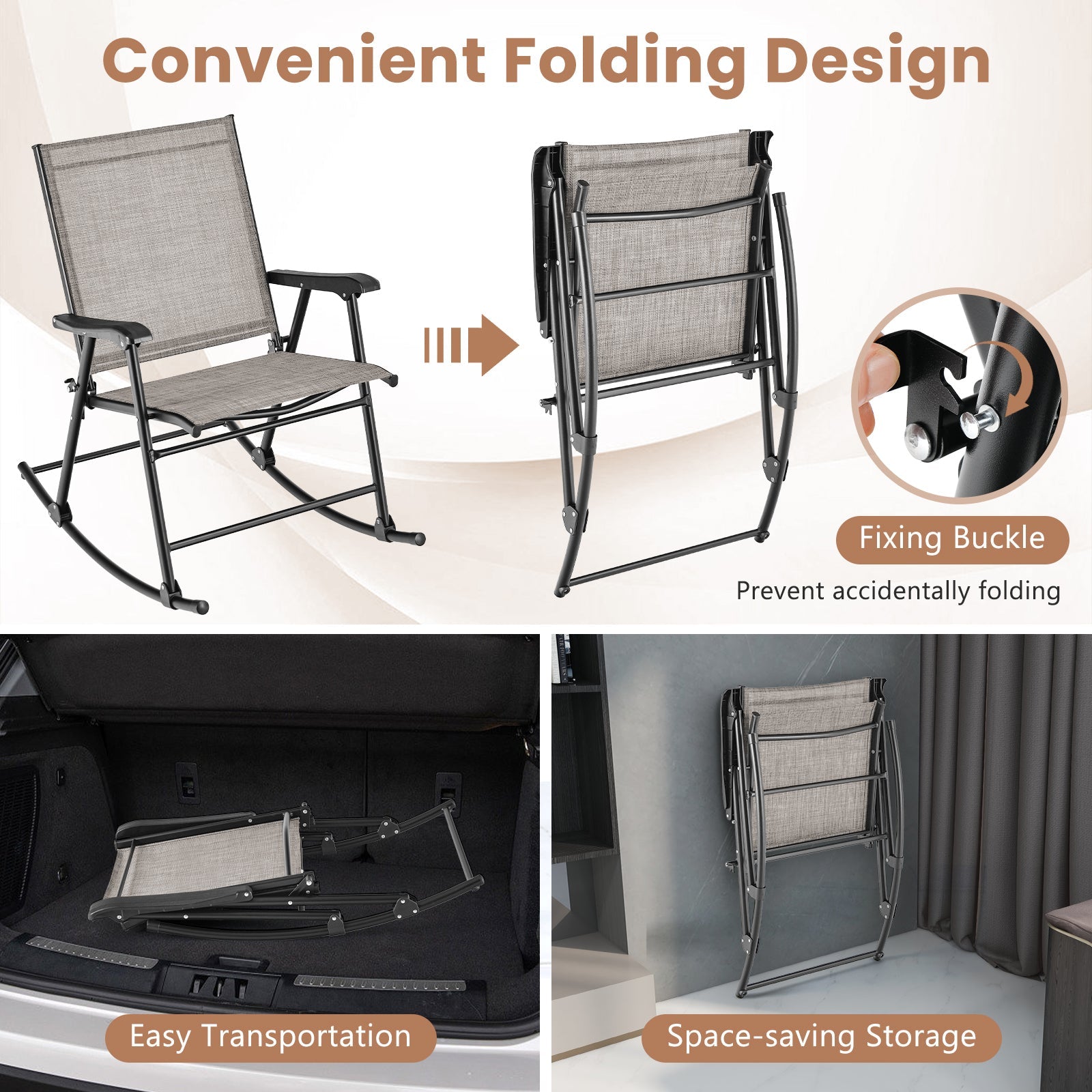 Folding Rocking Chair with Breathable Seat Fabric Set of 2-Brown - Tampa Home & Garden Store