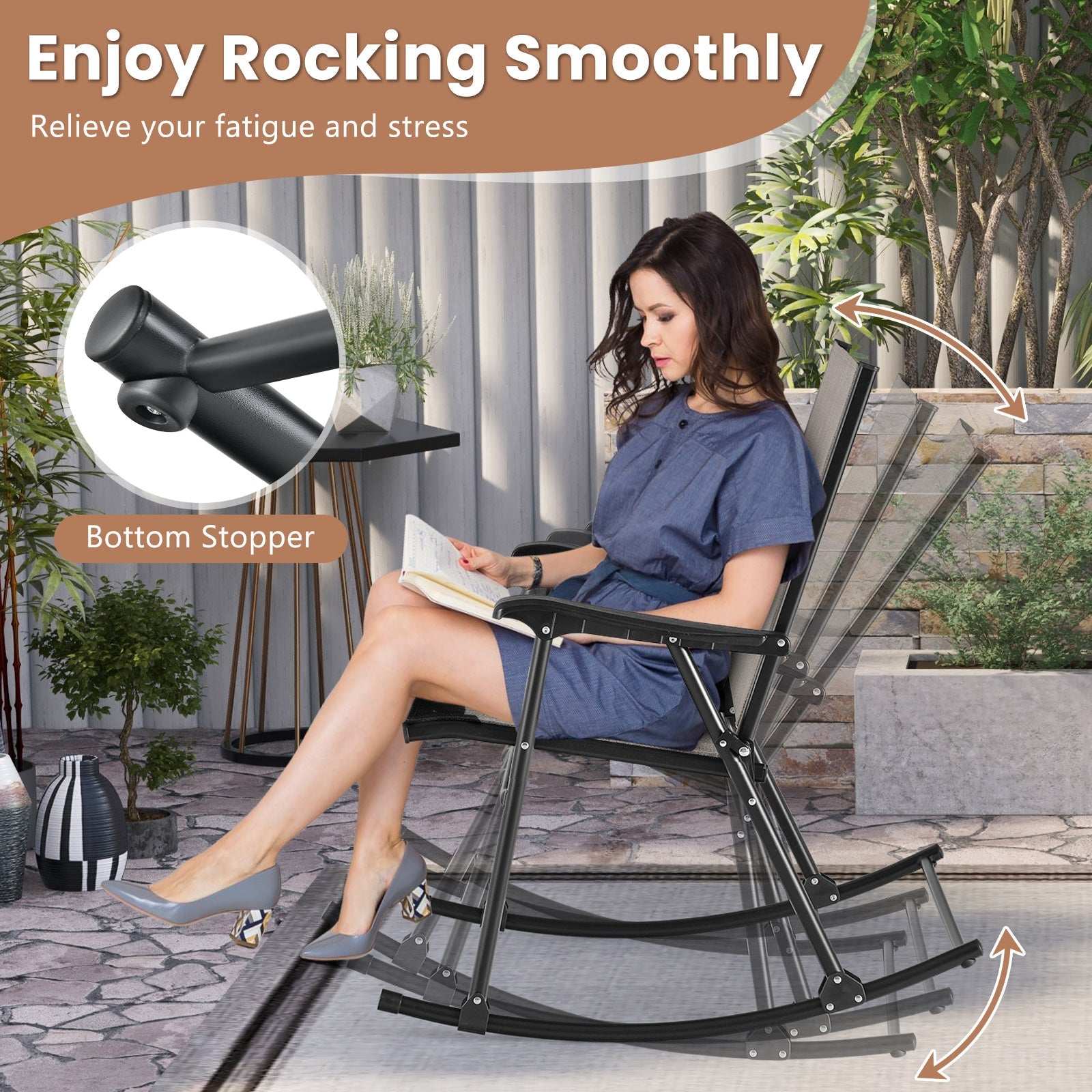 Folding Rocking Chair with Breathable Seat Fabric Set of 2-Brown - Tampa Home & Garden Store