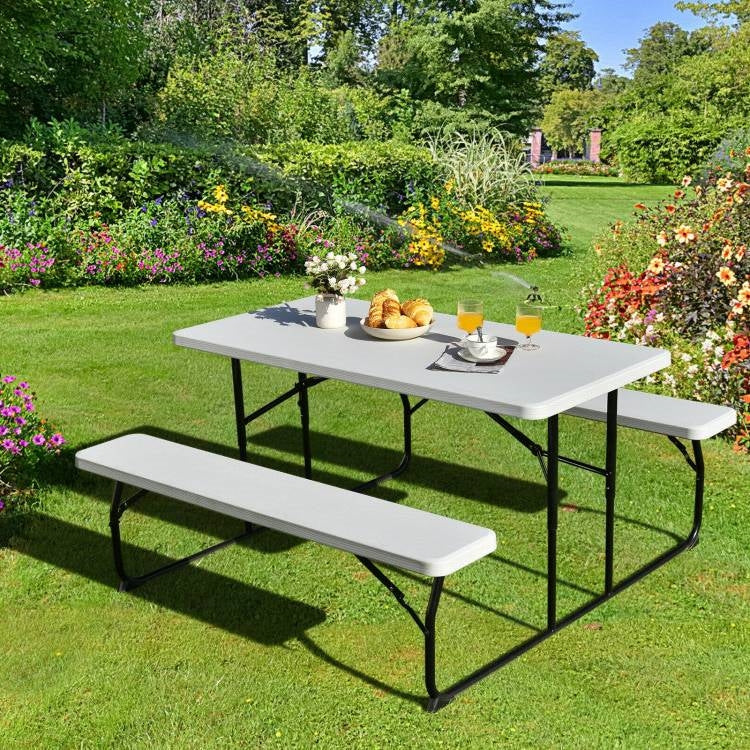 Folding White HDPE Picnic Table with 2 Benches Outdoor Patio Furniture Set - Tampa Home & Garden Store