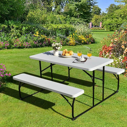Folding White HDPE Picnic Table with 2 Benches Outdoor Patio Furniture Set - Tampa Home & Garden Store