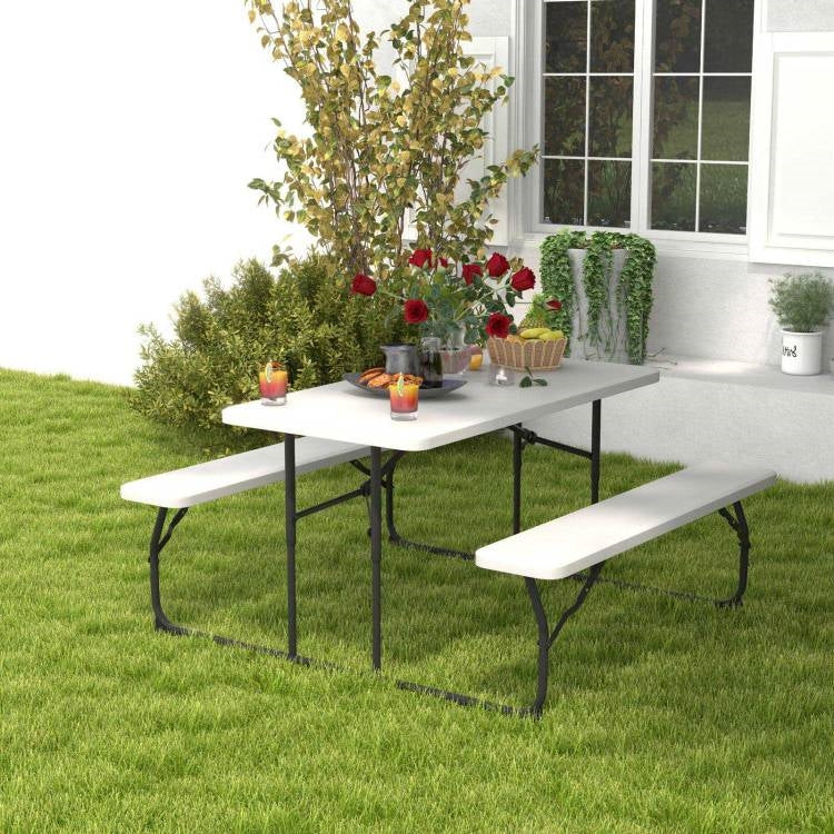 Folding White HDPE Picnic Table with 2 Benches Outdoor Patio Furniture Set - Tampa Home & Garden Store