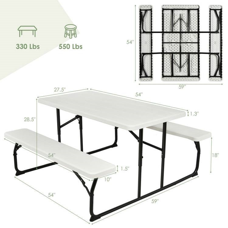 Folding White HDPE Picnic Table with 2 Benches Outdoor Patio Furniture Set - Tampa Home & Garden Store