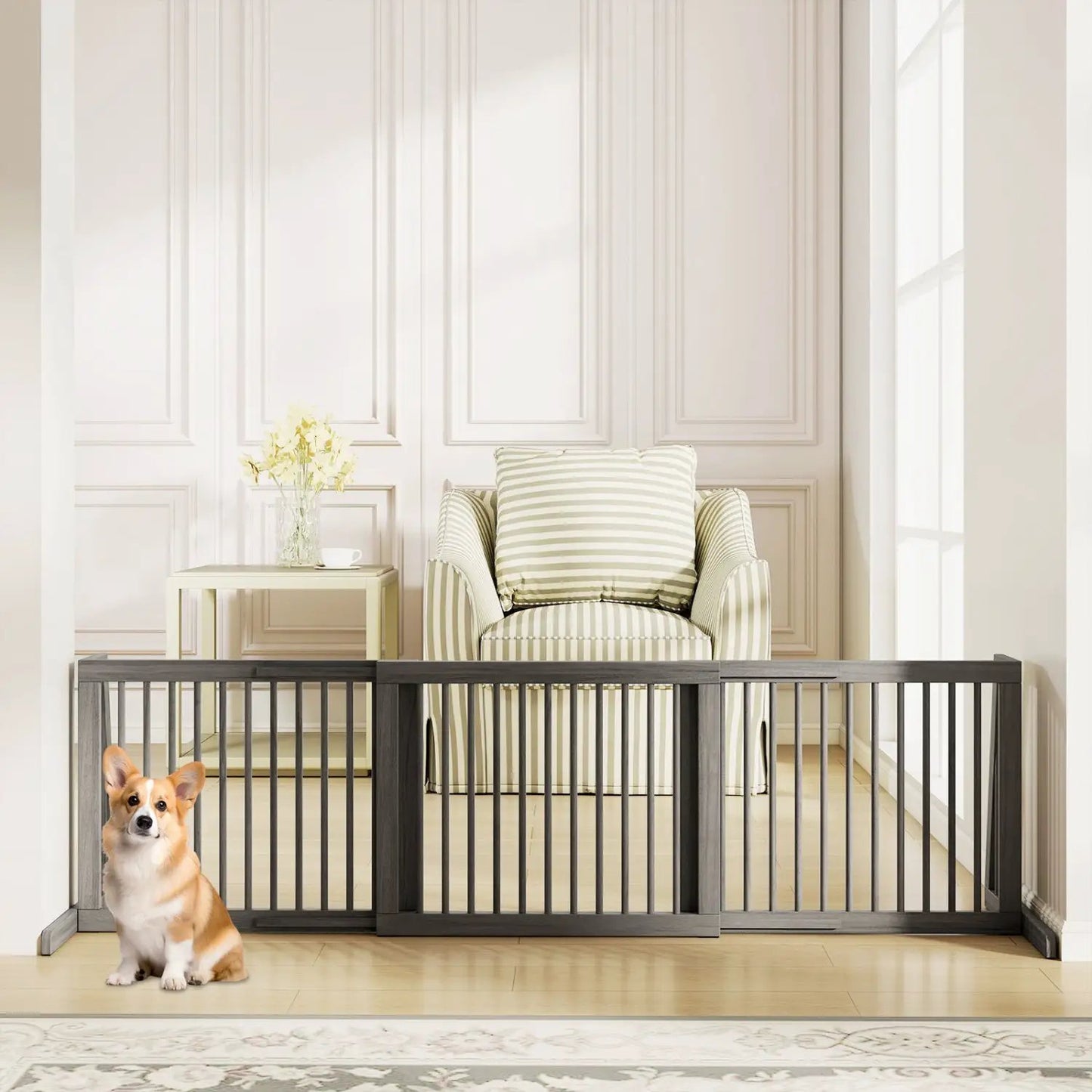 Adjustable 3-Panel Wood Pet Gate - Foldable Dog Fence