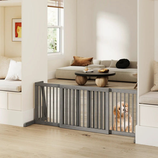 Adjustable 3-panel gray wood pet gate foldable dog fence with vertical slats in a doorway on Tampa Home & Garden Store