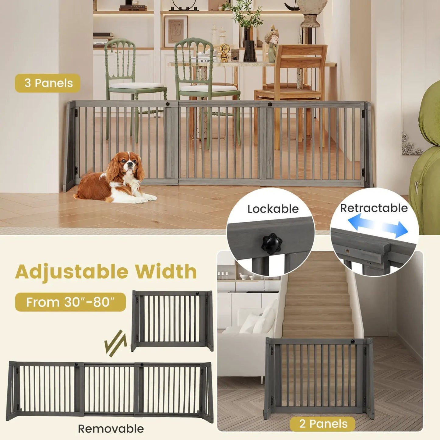 Adjustable 3-Panel Wood Pet Gate - Foldable Dog Fence